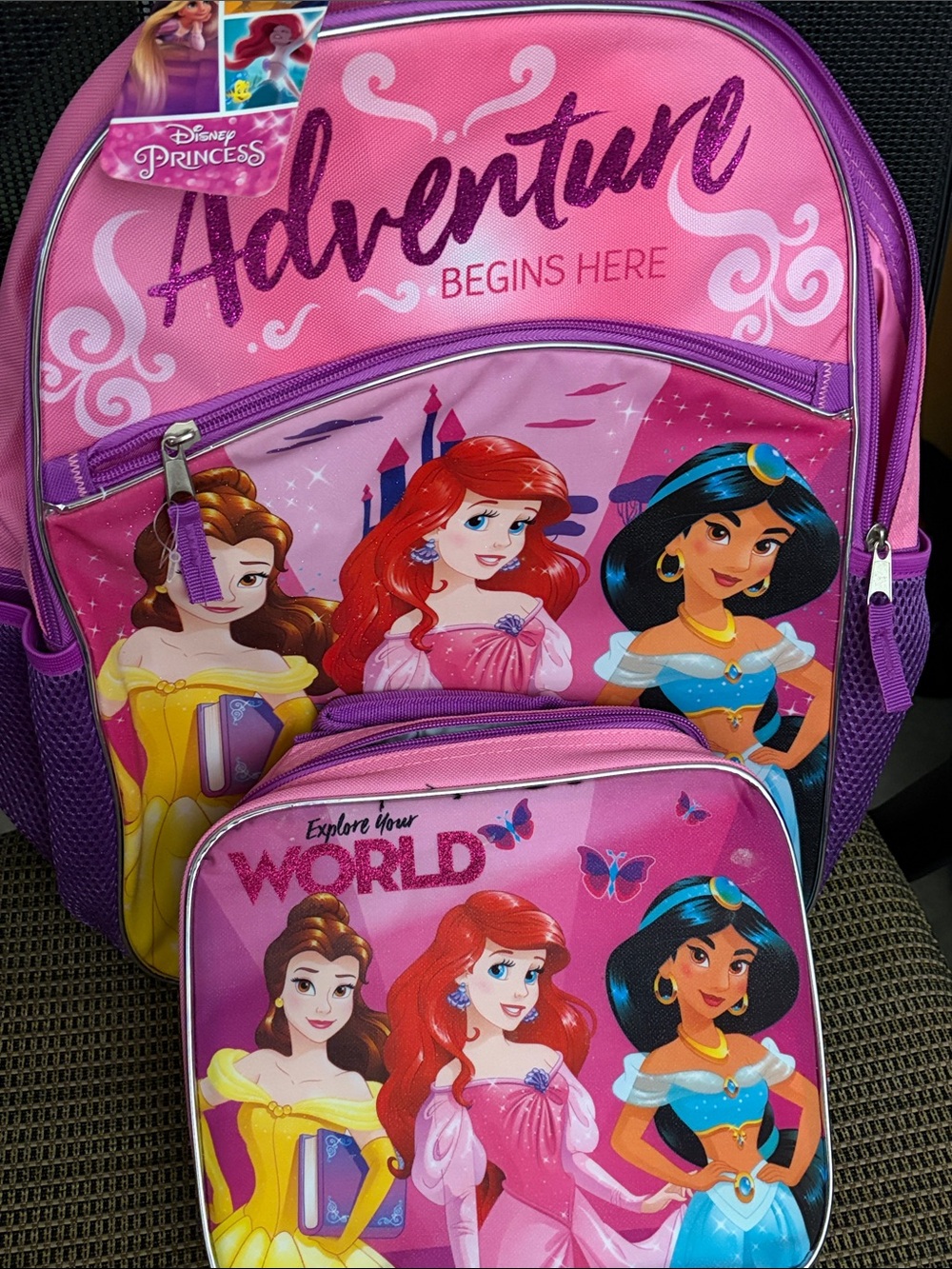 Disney Pink and Purple Princess Backpack with Ariel, Belle & Jasmine & lunchbox